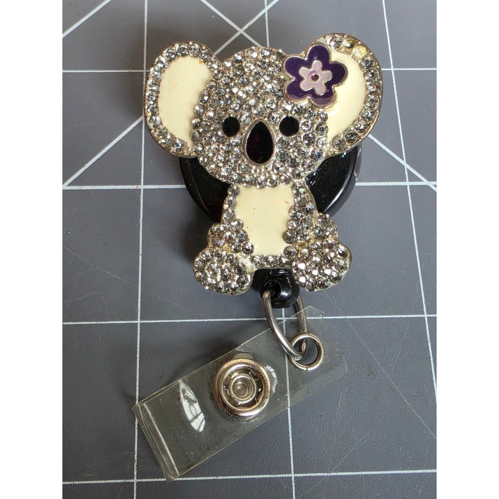 Koala Rhinestone Retractable Badge Reel ID Holder Silver Tone Crystal Animal
